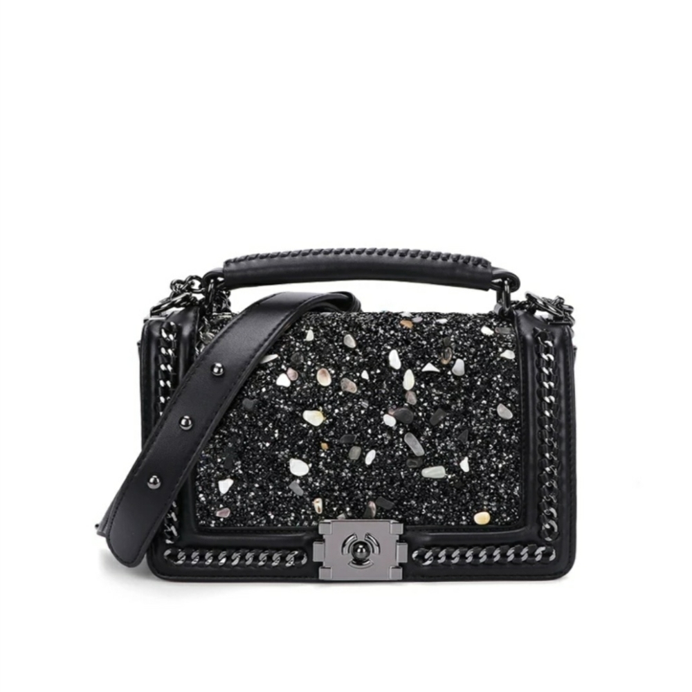 BLACK HAND BAG WITH TAN STONES.(KELOLA DS)BRAND SIZE 26'16'11 CM - Picture 4 of 4